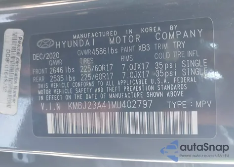 2021 Hyundai Tucson Se from USA, damaged, VIN KM8J23A41MU402797